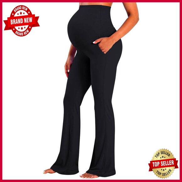 Pants - Maternity Flare Leggings with Pockets Over Belly Buttery Soft Yoga Pants